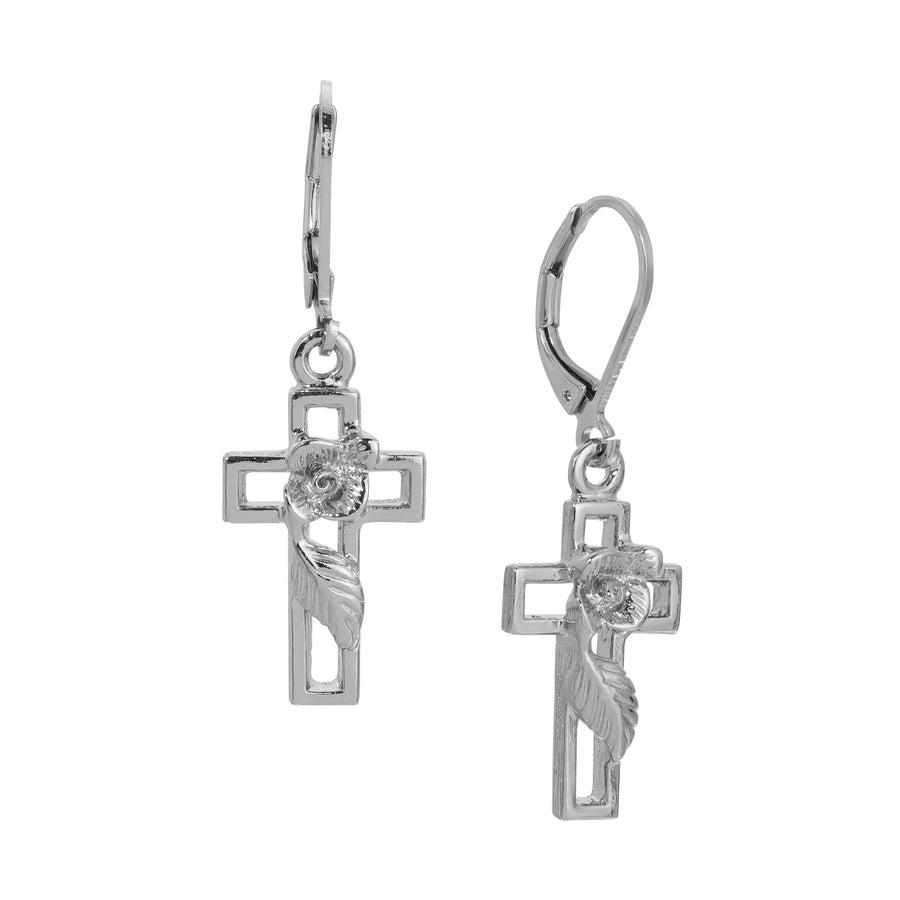 Cross and Rose Drop Earrings