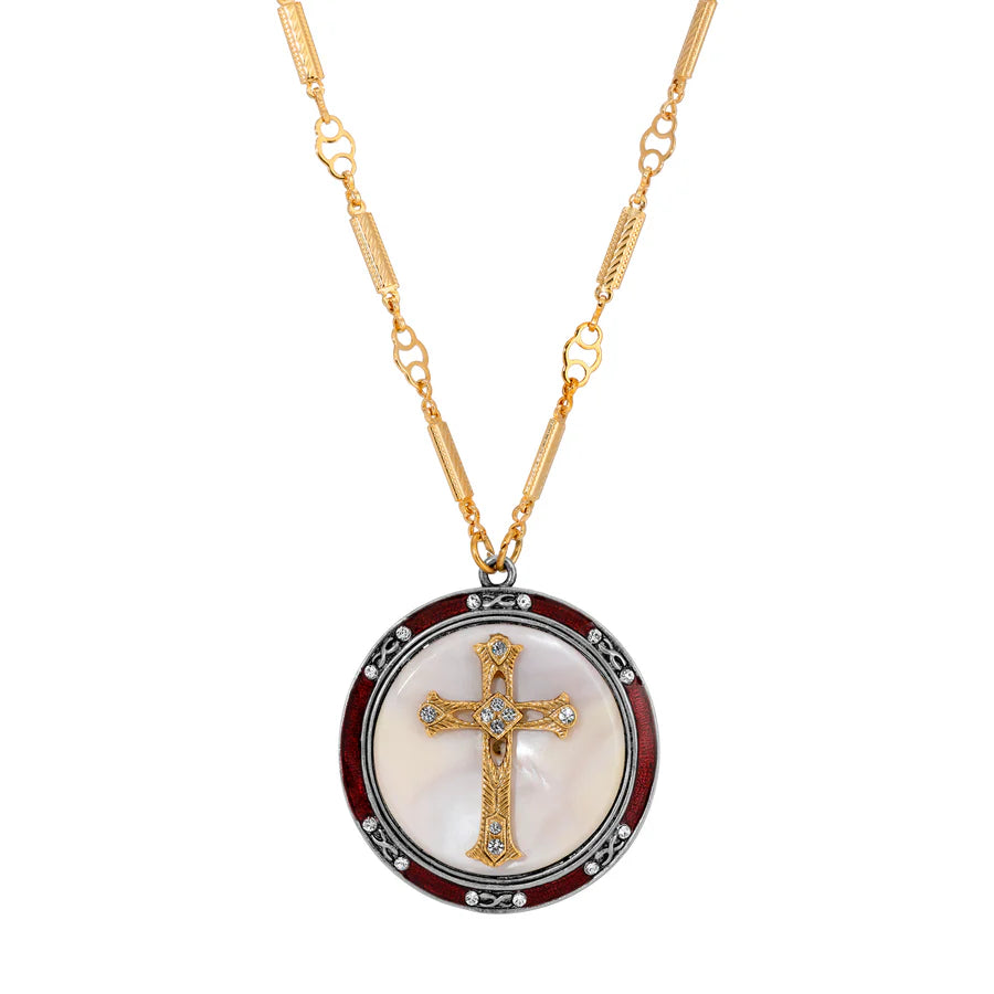 Round Mother of Pearl Crystal Cross Red Enameled Pendant Necklace