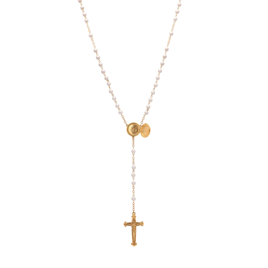 Symbols Of Faith Mary Locket & Crucifix Round White Glass Faux Pearl Rosary