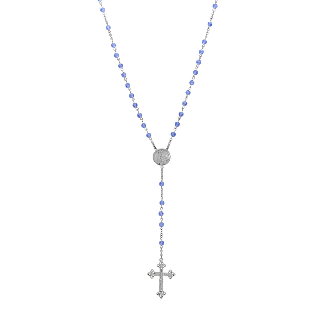 Symbols Of Faith Madonna and Child Round Locket Crucifix Light Sapphire Blue Rosary