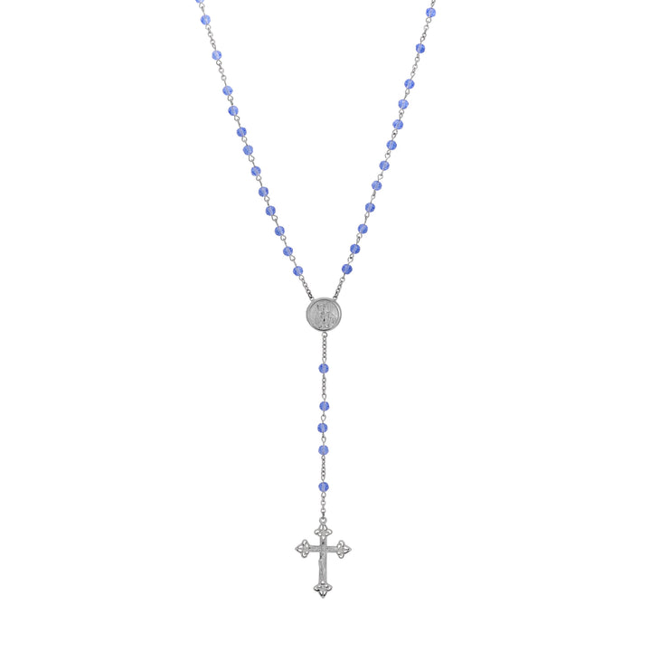 Symbols Of Faith Madonna and Child Round Locket Crucifix Light Sapphire Blue Rosary