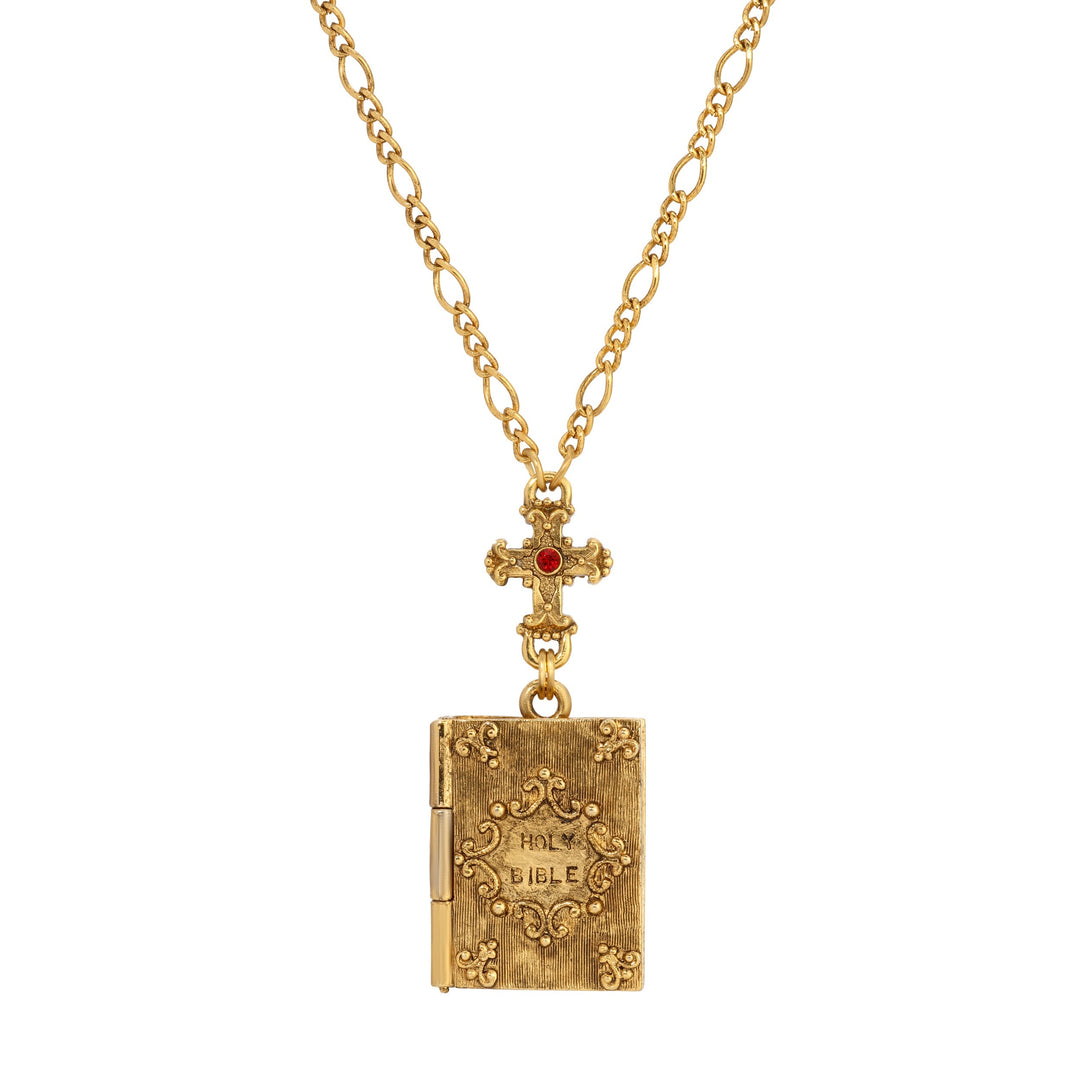 Symbols Of Faith Siam Red Crystal Cross & Holy Bible Pendant Locket Holy Family Necklace 28"