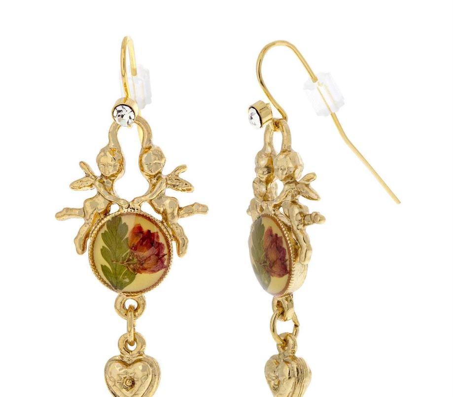 Double Angels Red Rose Decal Heart Dangle Earrings