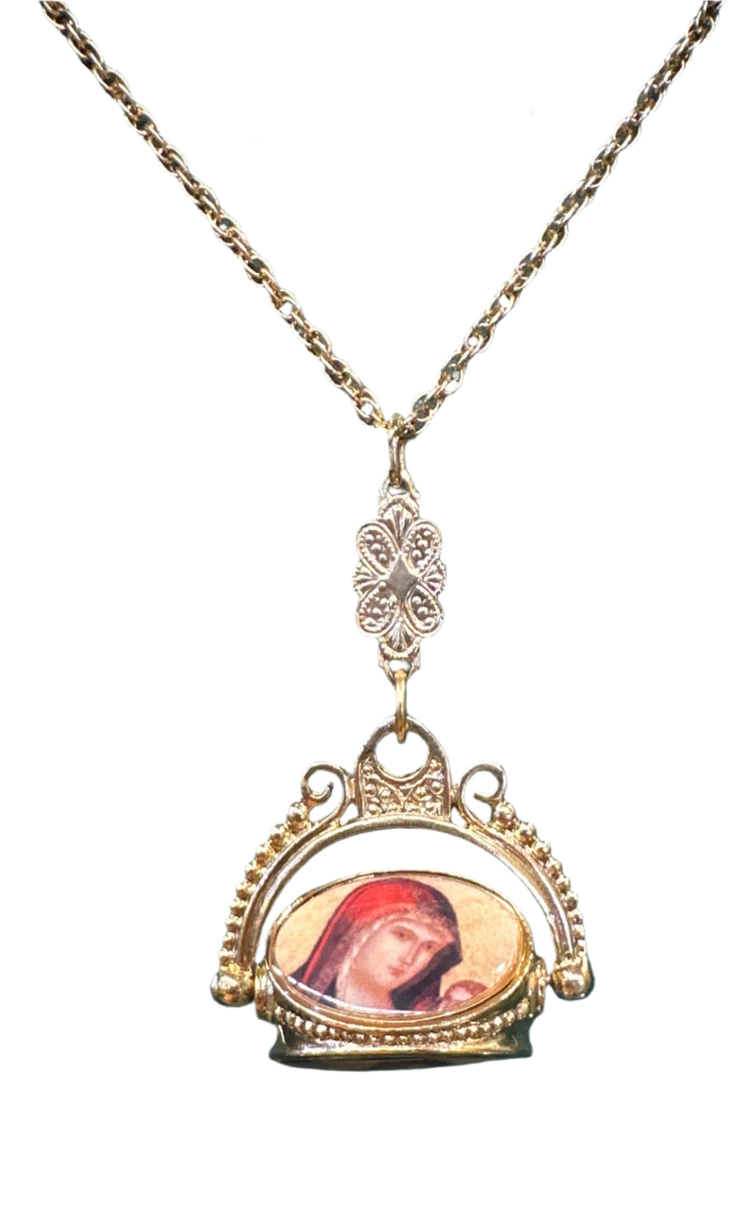 14KT Gold Dipped Madonna & Child/Cherub Enamel Spinner Necklace