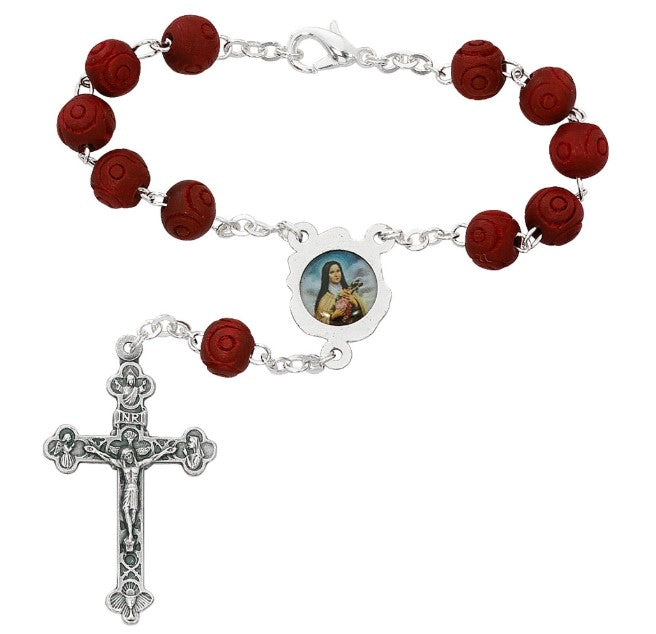 8mm Red Carved Wood St. Therese Auto Rosary