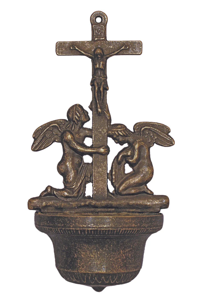 Brass Crucifixion with Angels Holy Water Font