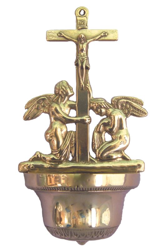 12.25" Brass Crucifixion & Angels Holy Water Font