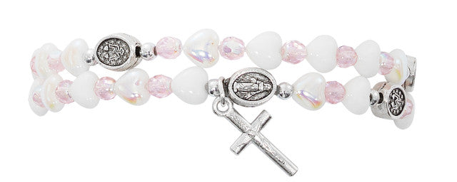 Pink & White Heart Wrap Rosary Bracelet