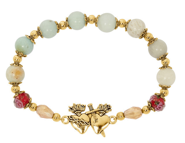 Gold Amazonite Twin Hearts Rosary Bracelet