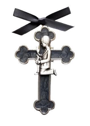 First Communion Black Enamel Cross with Boy