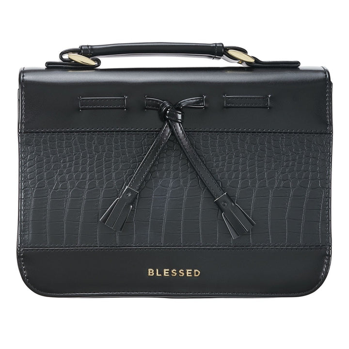 Blessed Black Croc Faux Leather Fashion Bible Cover with Tassels