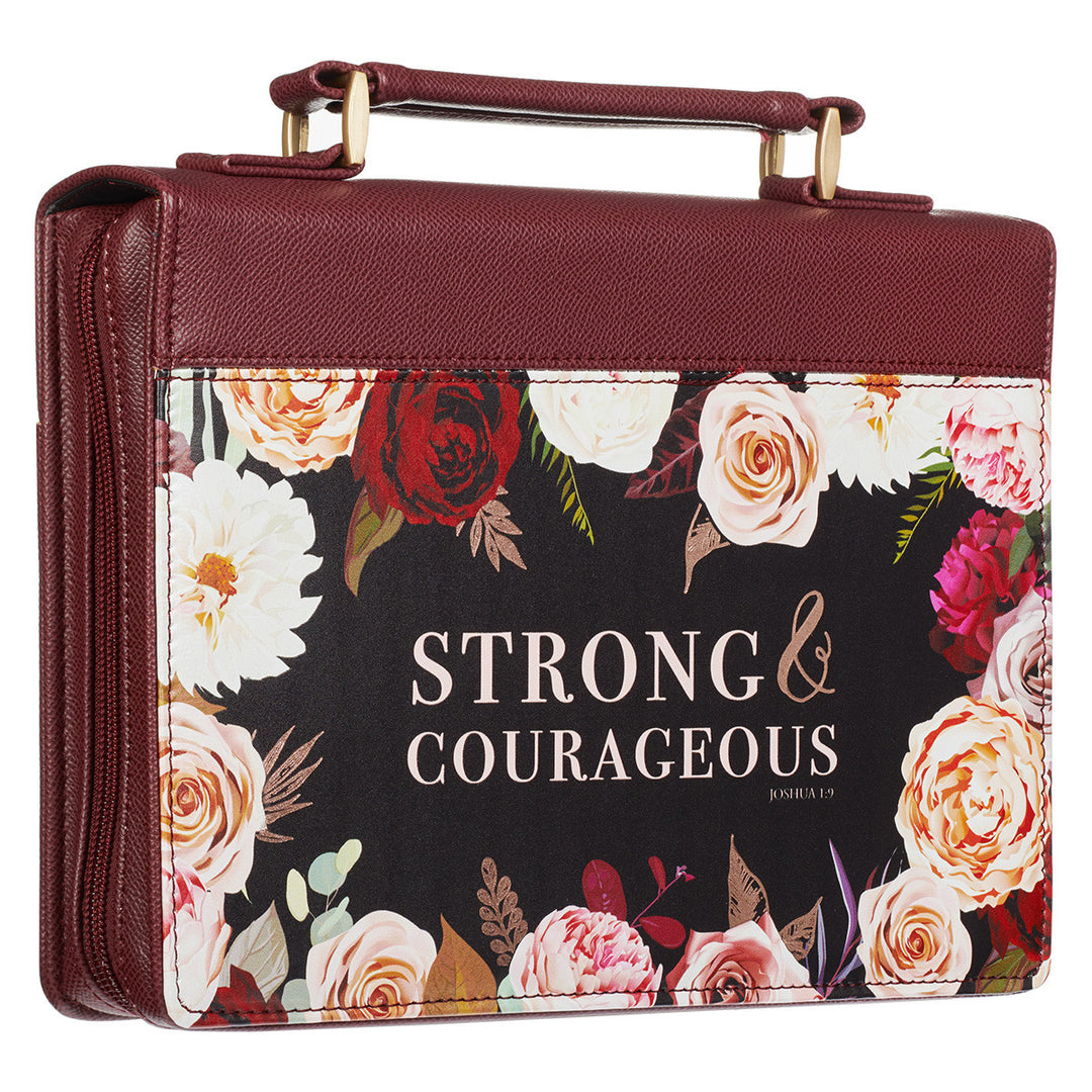 Strong and Courageous Merlot Bouquet Faux Leather Fashion Bible Cover – Joshua 1:9