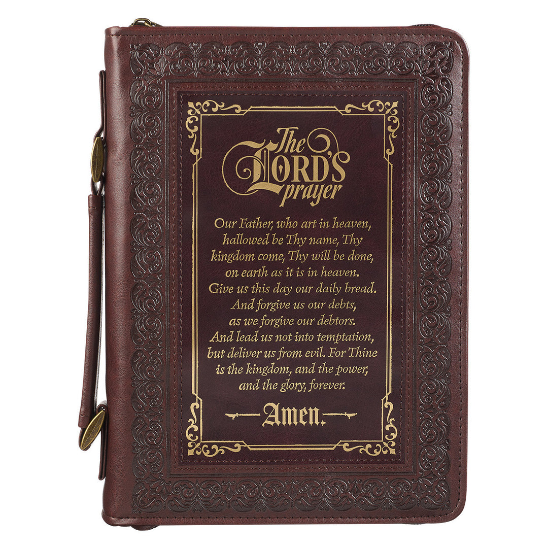 The Lord's Prayer Walnut and Burgundy Faux Leather Classic Bible Cover - Matthew 6: 9-13