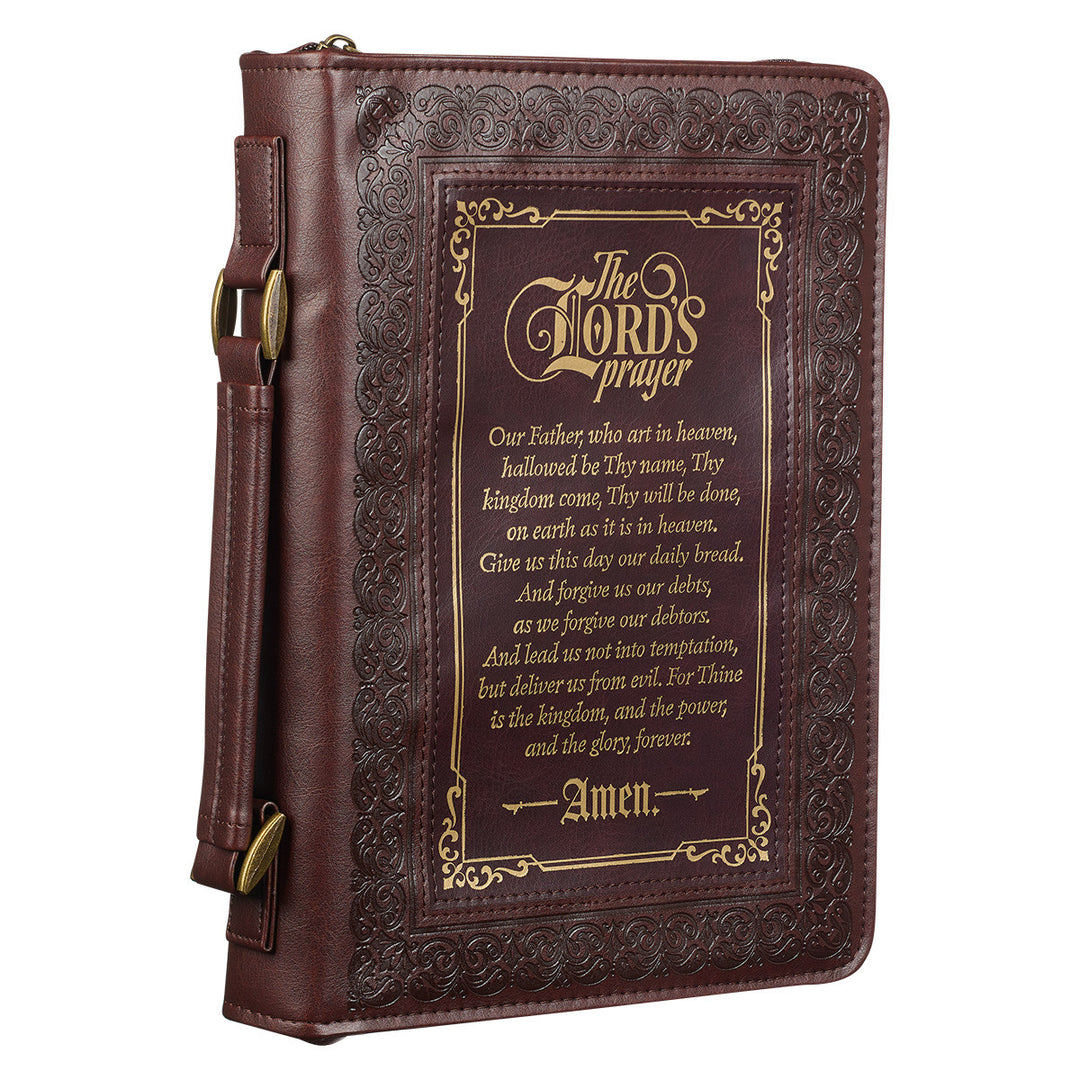 The Lord's Prayer Walnut and Burgundy Faux Leather Classic Bible Cover - Matthew 6: 9-13