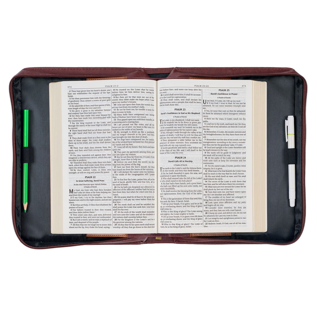 The Lord's Prayer Walnut and Burgundy Faux Leather Classic Bible Cover - Matthew 6: 9-13