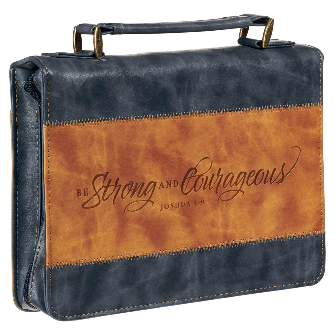 Strong and Courageous Butterscotch and Navy Classic Bible Cover - Joshua 1:9