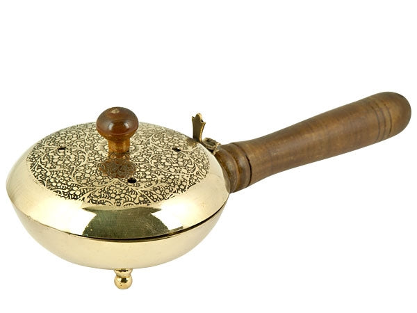 9.5" Carved Brass Censor Burner with Wooden Handle