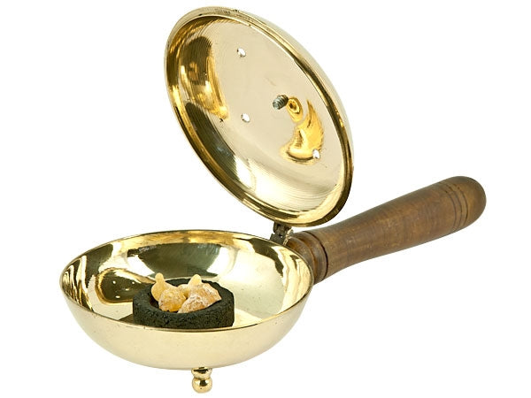 9.5" Carved Brass Censor Burner with Wooden Handle