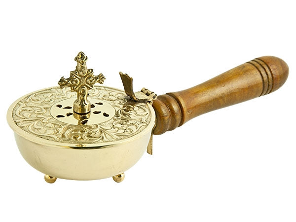 3" Brass Cross Censor Burner with Wooden Handle