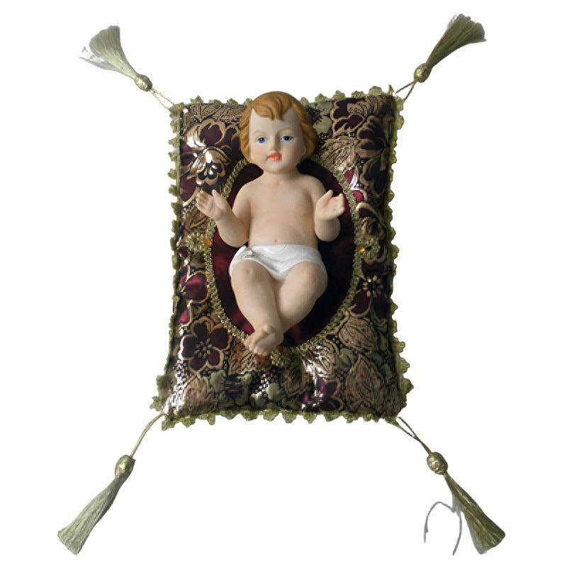 8" Baby Jesus with Burgundy/Gold Cushion