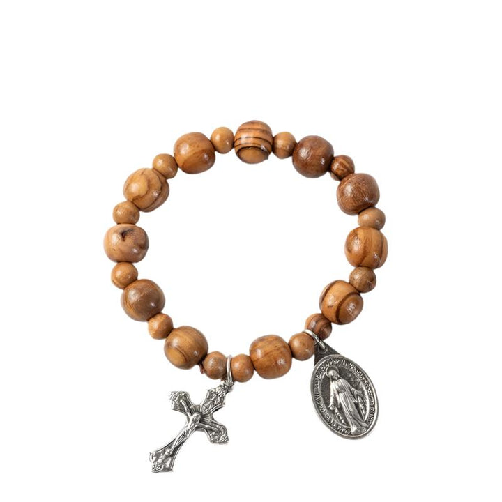 10mm Olive Wood Rosary Bracelet with Miraculous Medal and Cross