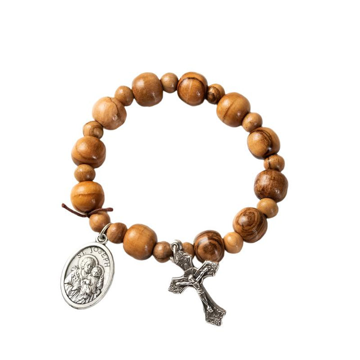 10mm Olive Wood Rosary Bracelet with Miraculous Medal and Cross