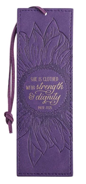Strength and Dignity Purple Sunflower Faux Leather Bookmark - Proverbs 31:25