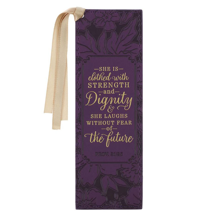 Strength and Dignity Purple Rose Faux Leather Bookmark' - Proverbs 31:25