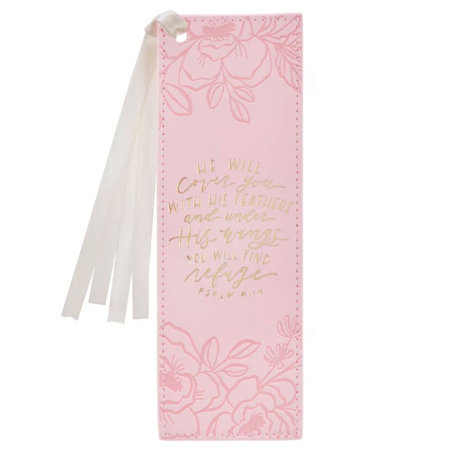 Under His Wings Pink Faux Leather Bookmark - Psalm 91:4