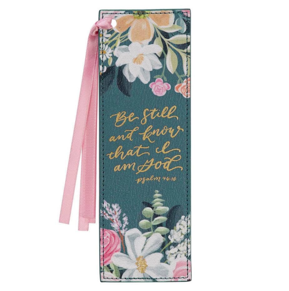 Be Still and Know Teal Floral Faux Leather Bookmark - Psalm 46:10