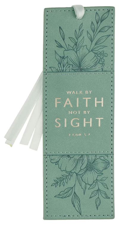 Faith Teal Floral Faux Leather Bookmark - 2 Corinthians 5:7
