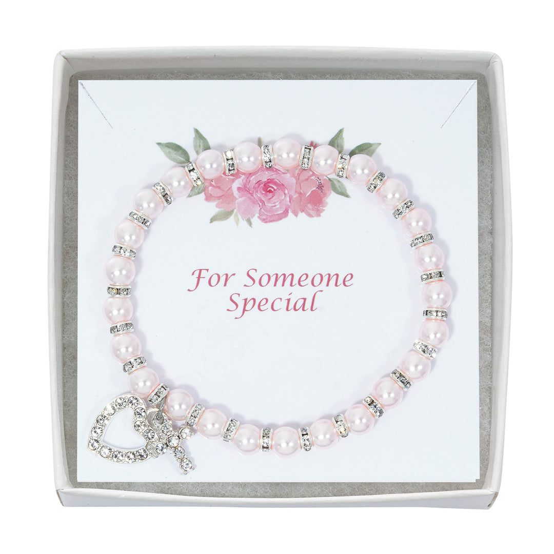 7mm Pink Pearl Stretch Bracelet with Crystal Cross and Heart