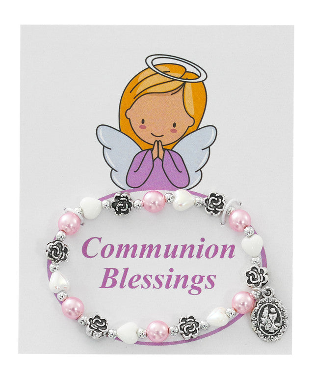 White & Pink 1st Communion Stretch Bracelet