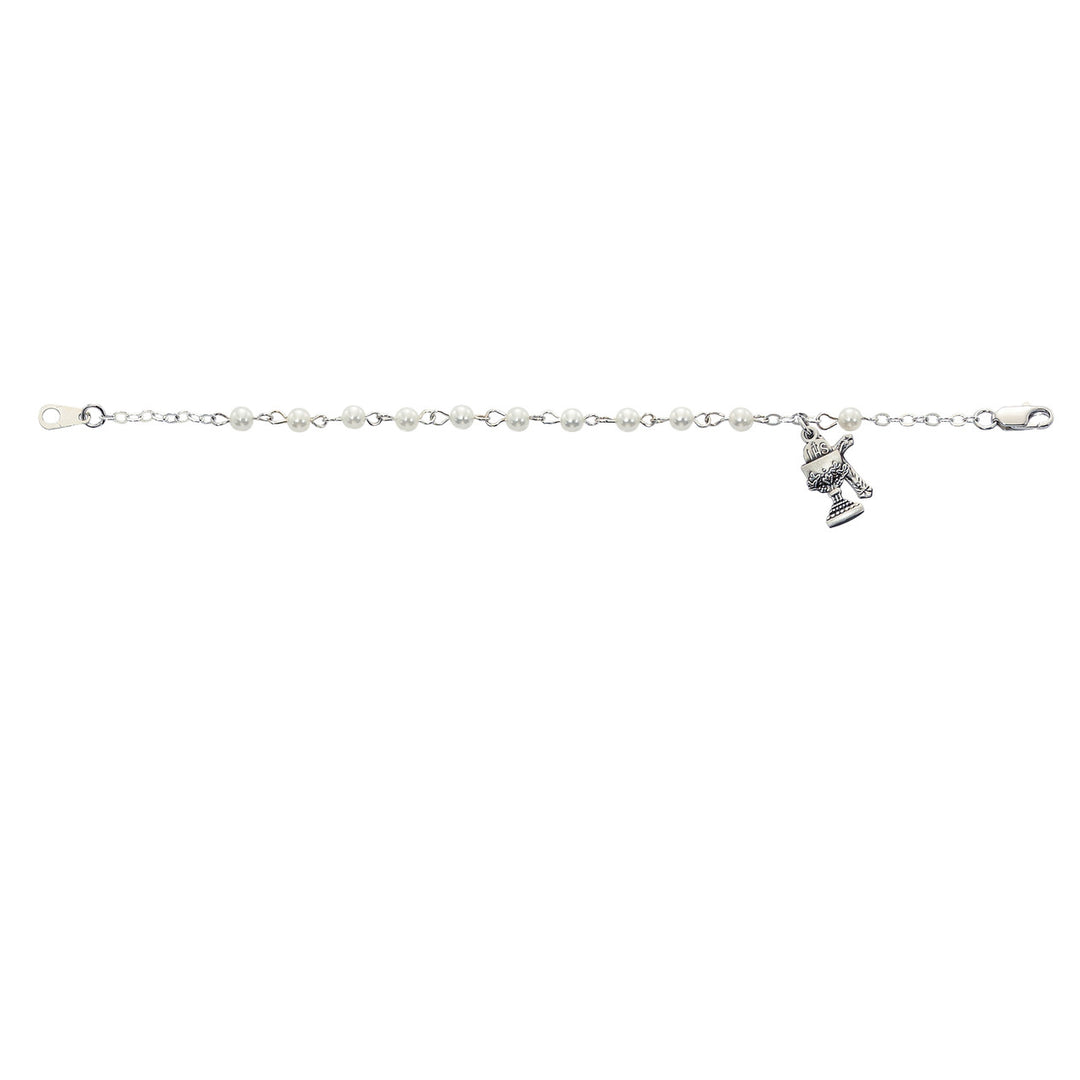 Sterling Silver Pearl Bracelet with Chalice and Crucifix Charms