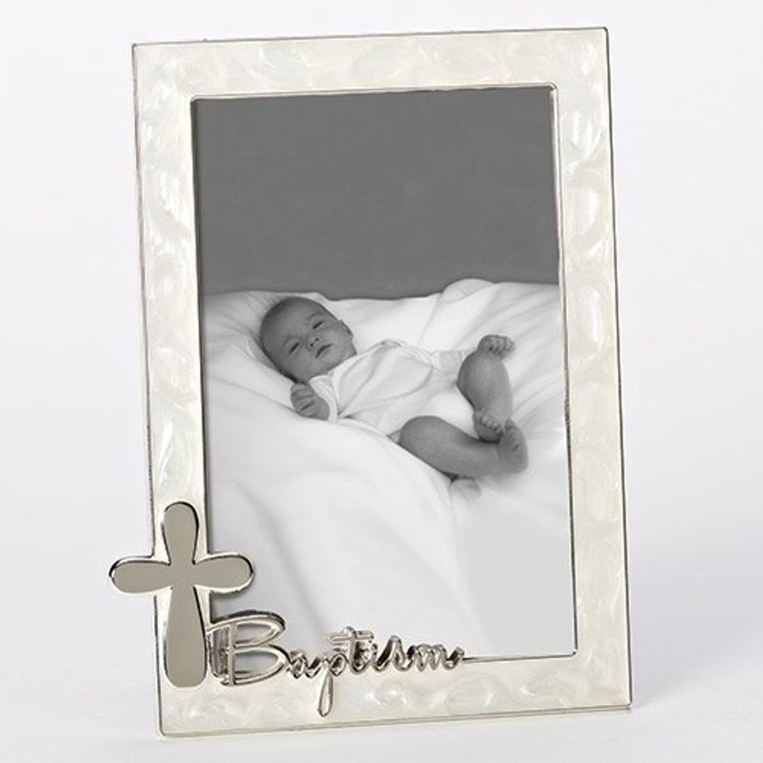 7" Baptism Picture Frame with Silver Cross Accent