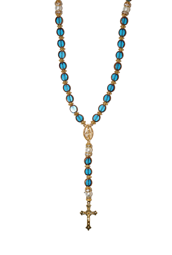 8mm x 10mm Blue Glass Gold Our Lady of Grace Rosary