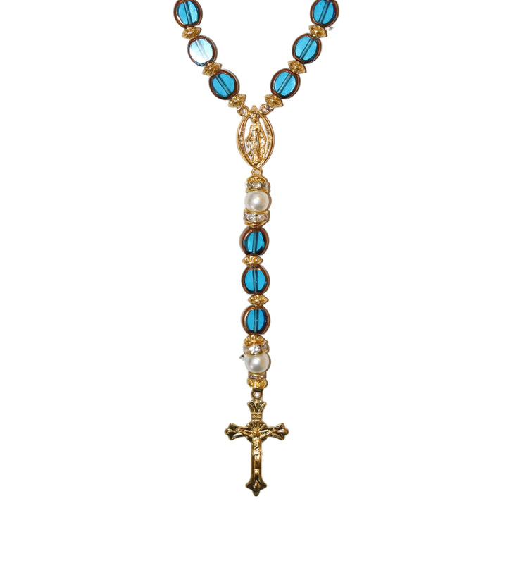 8mm x 10mm Blue Glass Gold Our Lady of Grace Rosary