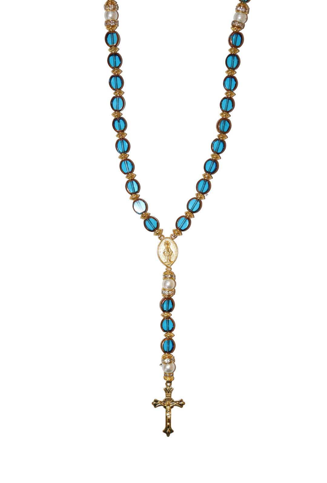 8mm x 10mm Blue Glass Gold Miraculous Rosary