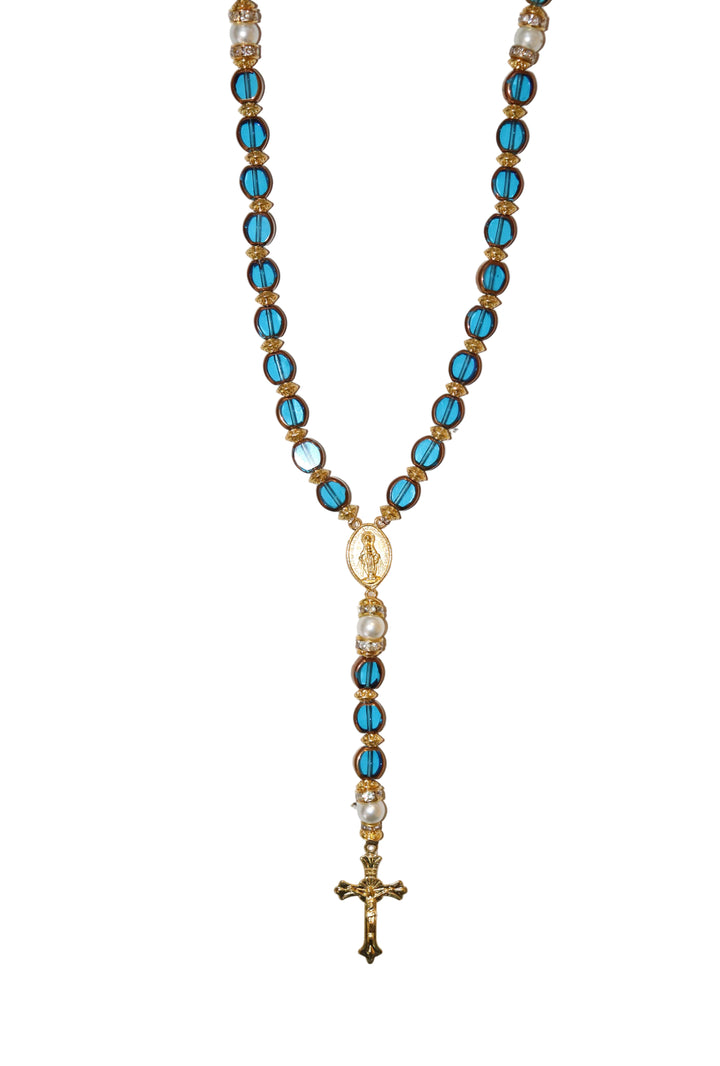 8mm x 10mm Blue Glass Gold Miraculous Rosary