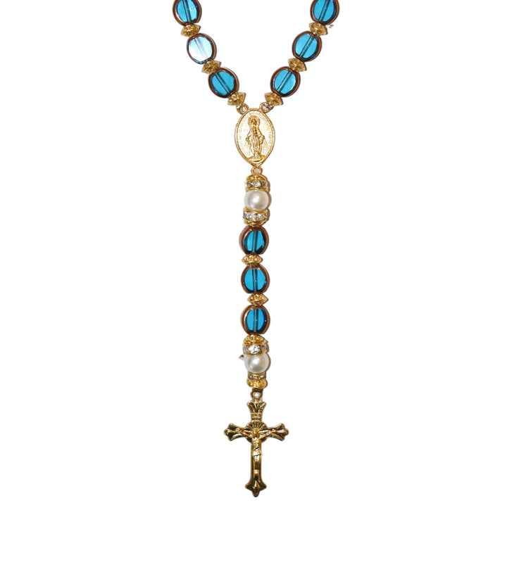 8mm x 10mm Blue Glass Gold Miraculous Rosary