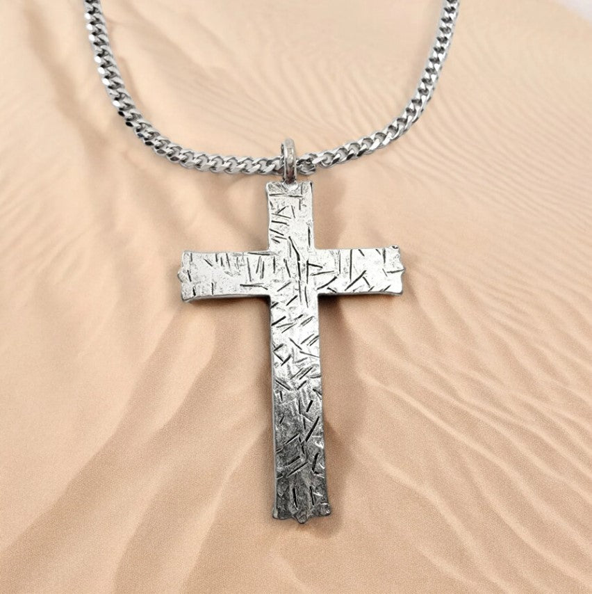 24" Large Antique Silver Hammered Cross Necklace