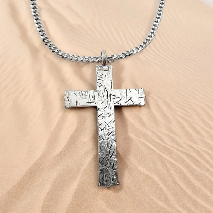 24" Large Antique Silver Hammered Cross Necklace