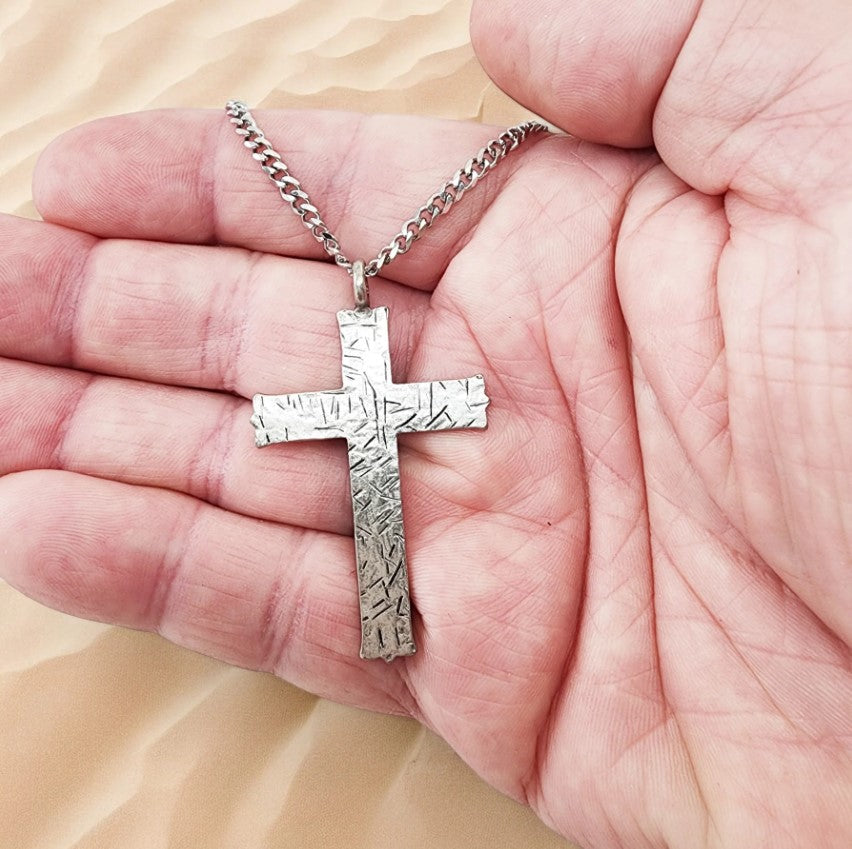 24" Large Antique Silver Hammered Cross Necklace