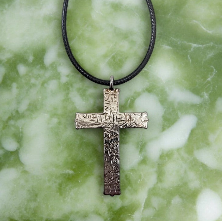 22" Large Gunmetal Hammered Cross Necklace