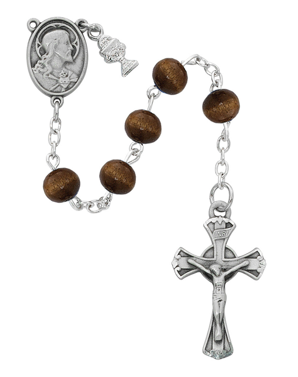 6mm Brown Wood First Communion Rosary with Tiny Rhodium Chalice