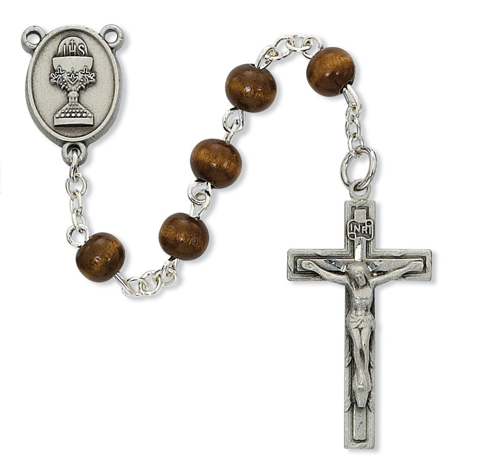 6mm Brown Wood First Communion Rosary with Chalice Centerpiece