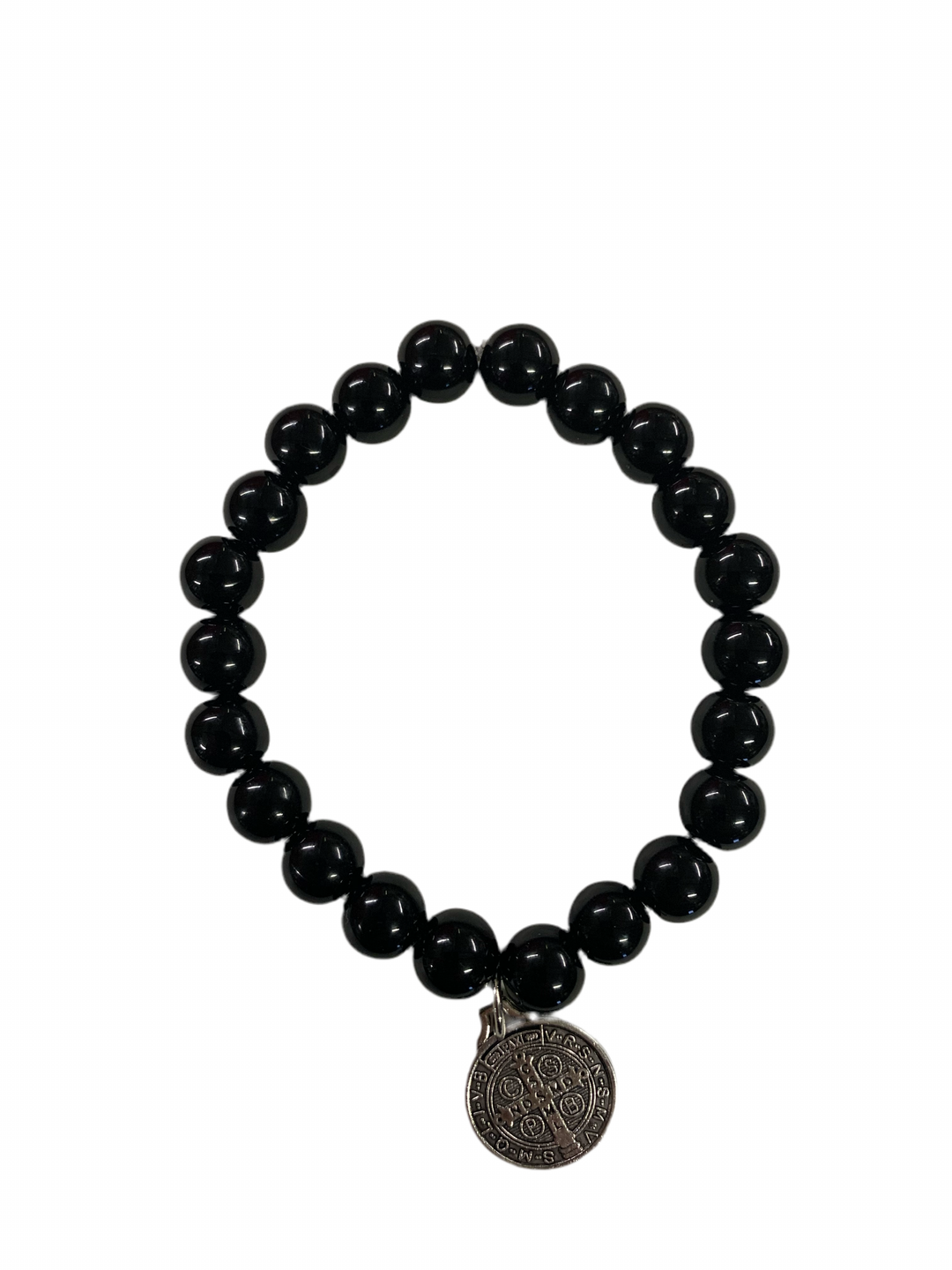 10MM Black Agate Bracelet with Silver St. Benedict Medal