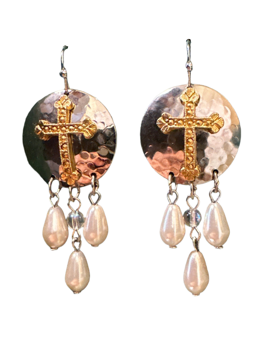 Silver Tone & 14KT Gold Dipped Cross with Drop Pearl Earrings