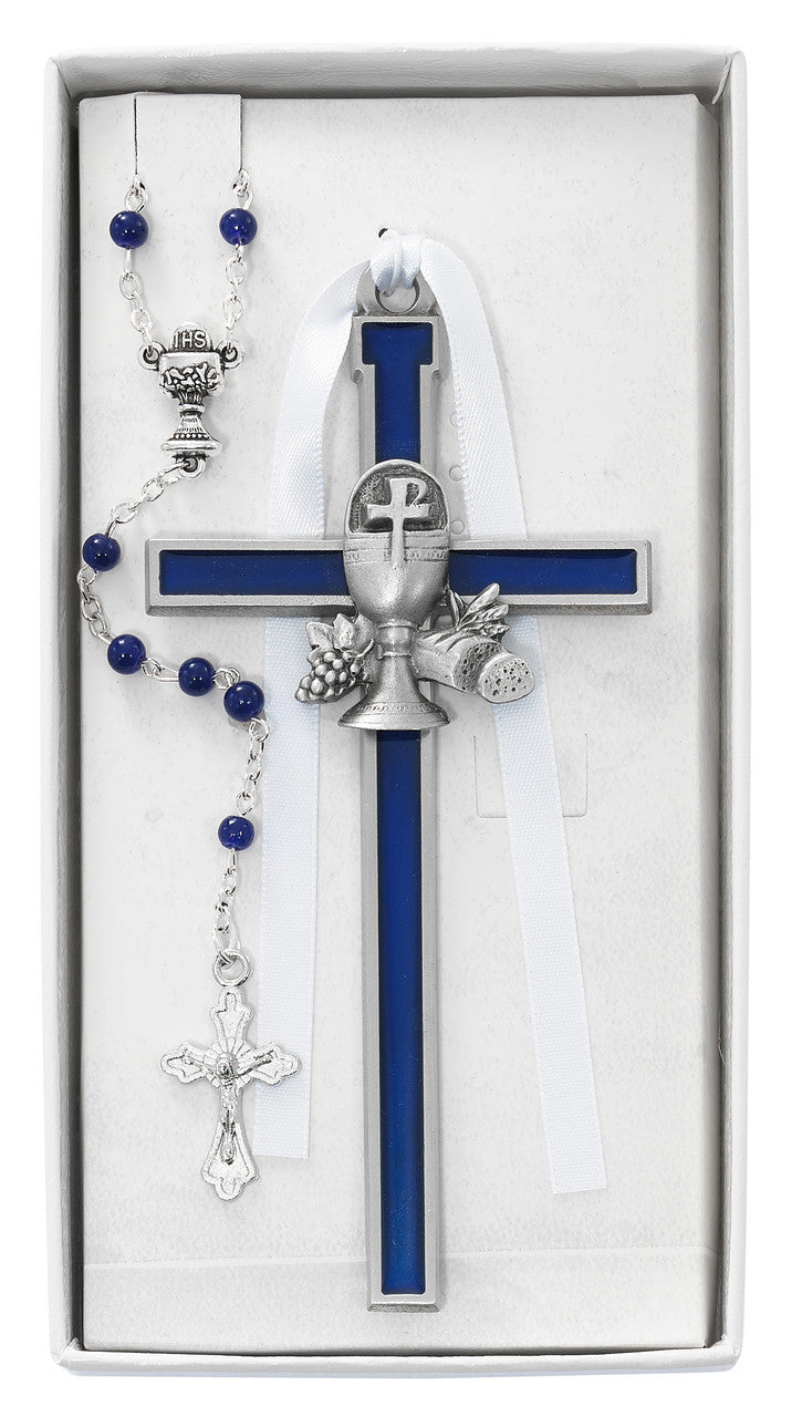 Blue Enameled Chalice Cross and Rosary