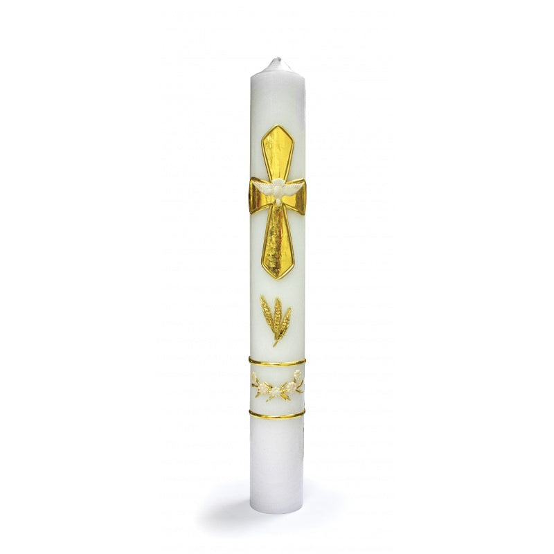 12" White Baptism Candle with Gold Cross and Holy Spirit